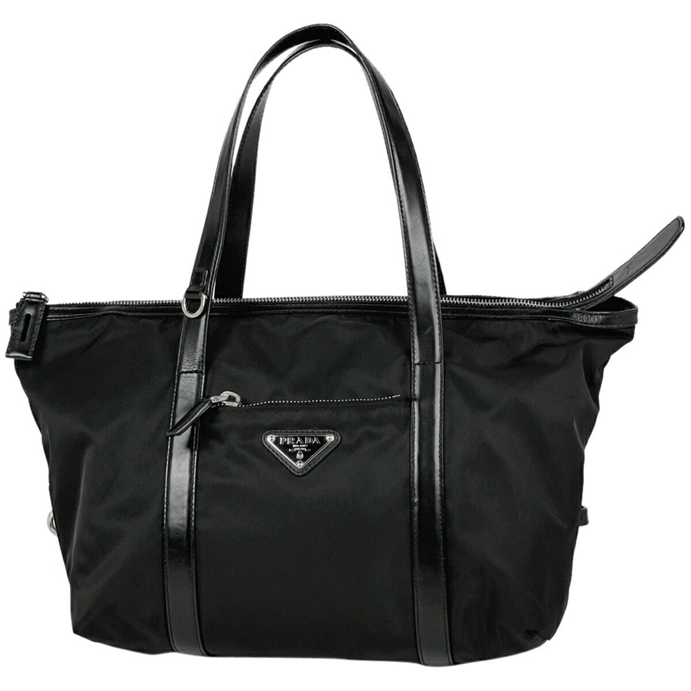 Prada Logo Plate Handbag Tote Bag Nero Black